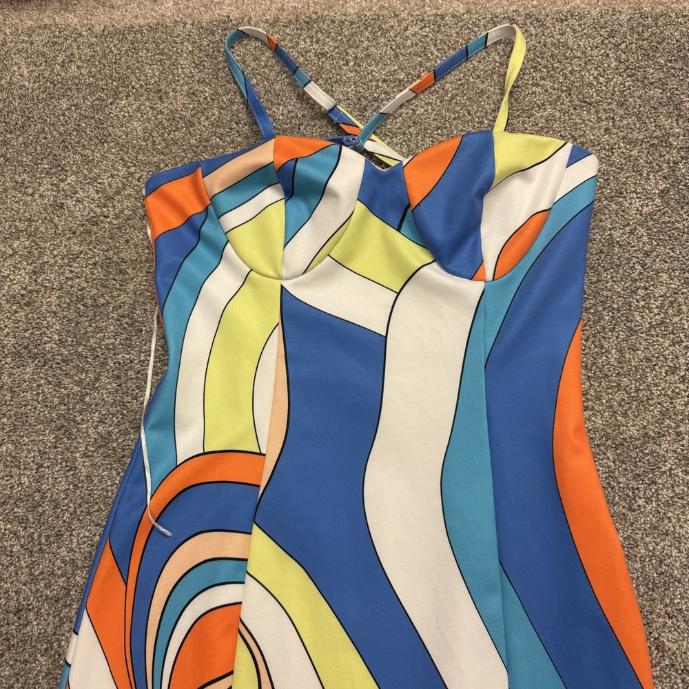 Cache Dress Womens 8 Multicolor Geometric Sleeveless Sweetheart Slip Midi Casual